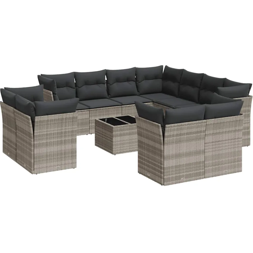 vidaXL 12-delige Loungeset met kussens poly rattan lichtgrijs