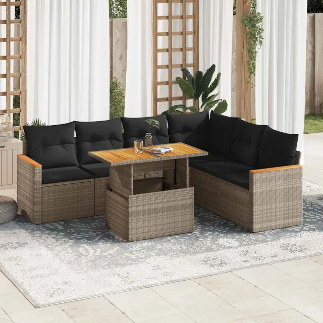 vidaXL 7-delige Loungeset met kussens poly rattan acacia grijs, foto 2