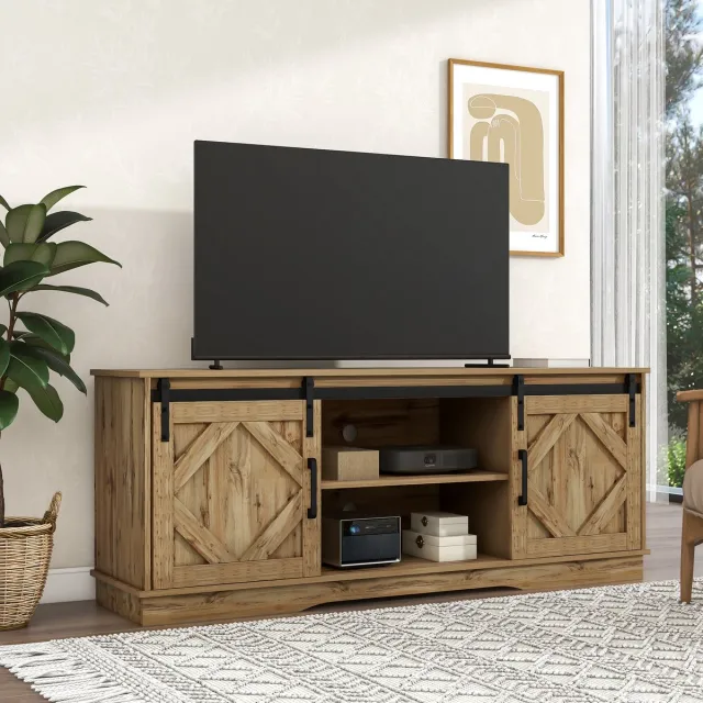 Wishdor Tv-Meubel - Schuifdeuren En Verstelbare Planken - Landelijke Stijl - Voor Woonkamer - Spaanplaat - Bruin - 150 X 40 X 60 Cm