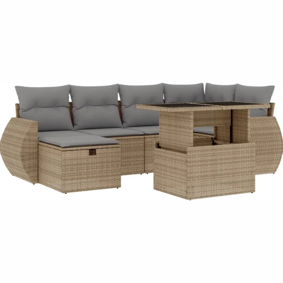 vidaXL 7-delige Loungeset met kussens poly rattan beige, foto 3
