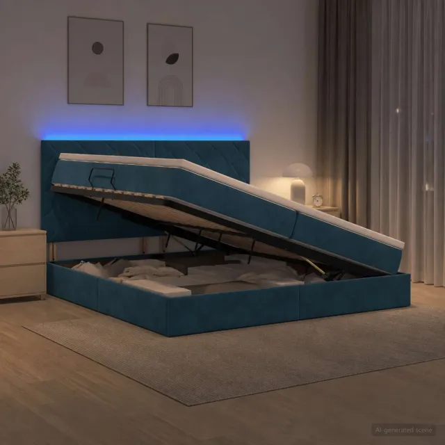 vidaXL LED Opslagbed met Matras Donkerblauw 200 x 200 cm Fluweel
