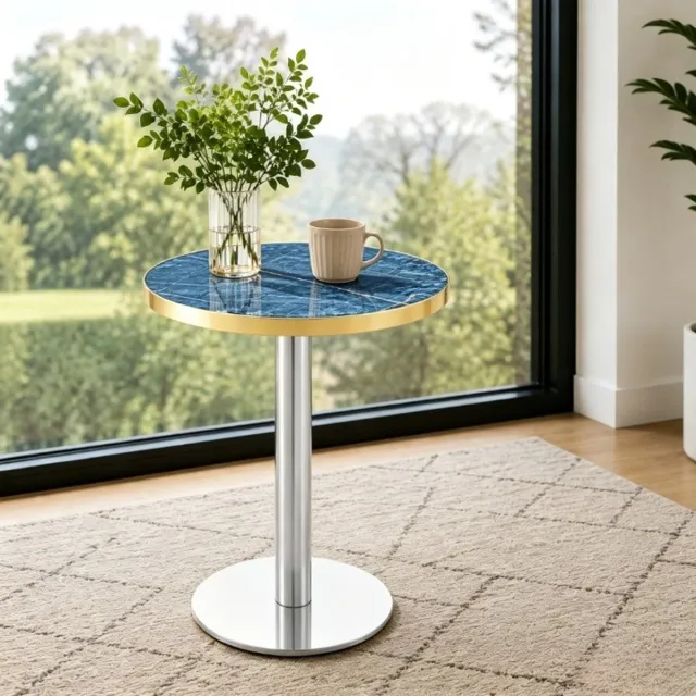 DESMIU Bijzettafel - Ronde Tafel Met Marmerlook En Gouden Rand - Voor Woonkamer Slaapkamer Of Balkon - MDF En Metaal - 60x73,7 Cm - Blauw