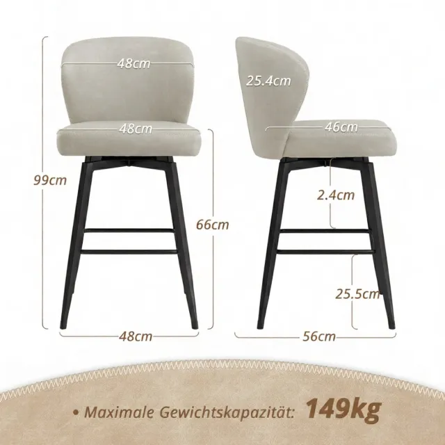 GARDEN HOUSE GARAGE Barkrukken Set van 2 – House&Garden Milano Luxe Draaibare Barkruk met Rugleuning – 66 cm Zithoogte – Lichtgrijs Kunstleer – Metaal Onderstel – Mid-Century Modern