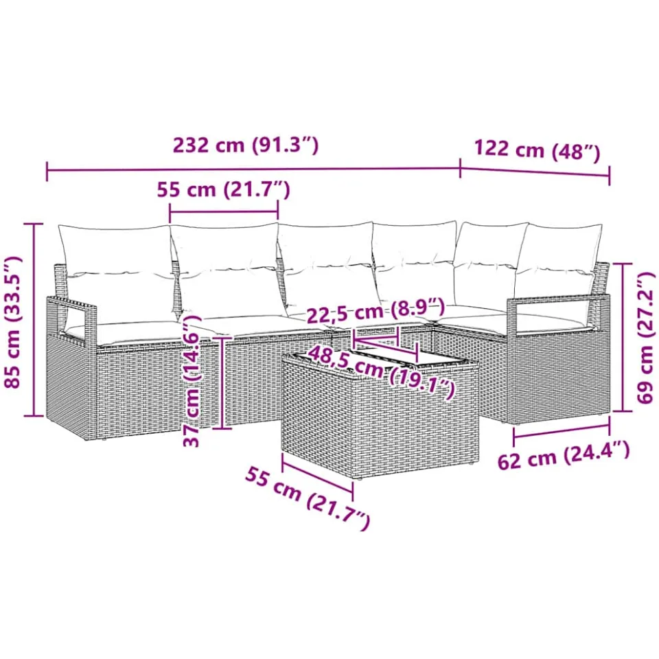vidaXL Bankstel 6 st Bruin poly rattan, foto 4