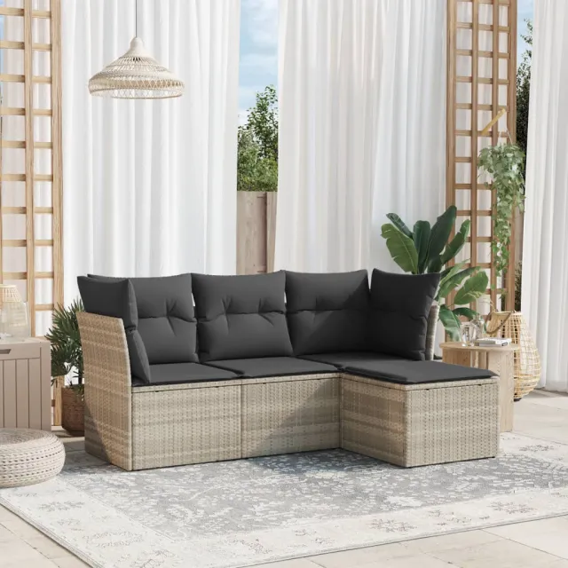 vidaXL 4-delige Loungeset met kussens poly rattan lichtgrijs grijs, foto 2