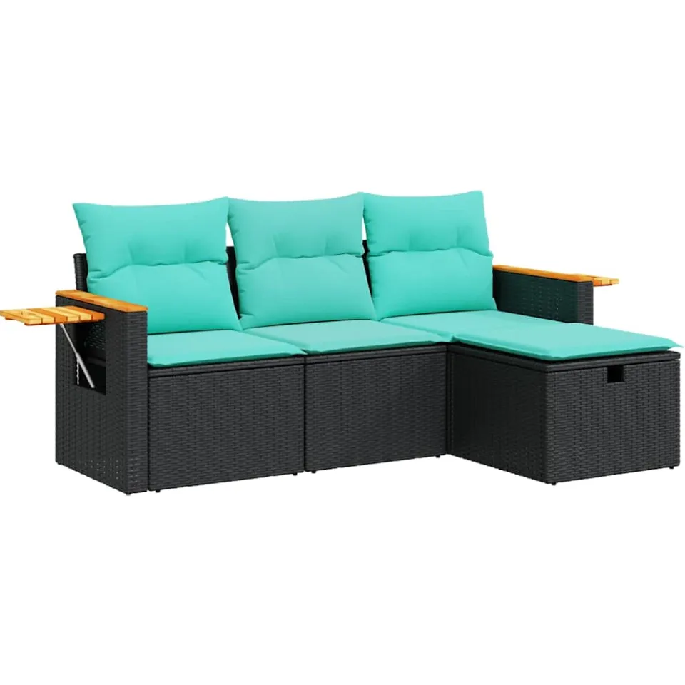 vidaXL 4-delige Loungeset met kussens poly rattan zwart