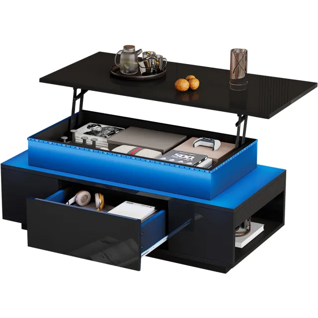 MODFU Salontafel 96×45×40 cm – Hydraulisch verstelbaar met opbergruimte & lade – Hoogglans zwart – LED-sfeerverlichting – Moderne woonkamer tafel – Spaanplaat – Zwart