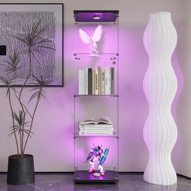 Solvenrik Glazen Vitrinekast met LED Zwart – Smalle Displaykast met 4 Planken en 1 Glasdeur – Showkast met Slot en Verstelbare Verlichting
