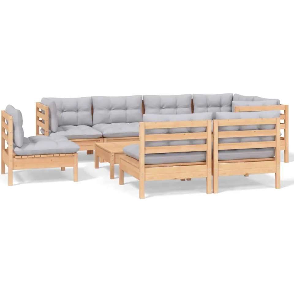 vidaXL 9-delige Loungeset met grijze kussens massief grenenhout grijs