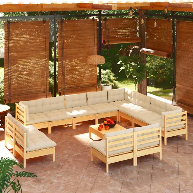vidaXL 12-delige Loungeset met crèmekleurige kussens grenenhout, foto 2