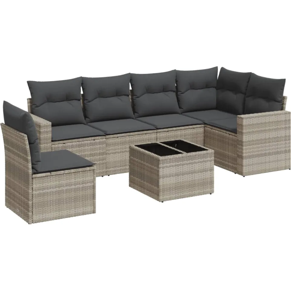 vidaXL 7-delige Loungeset met kussens poly rattan lichtgrijs grijs, foto 3