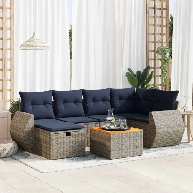 vidaXL 7-delige Loungeset met kussens poly rattan grijs, foto 2