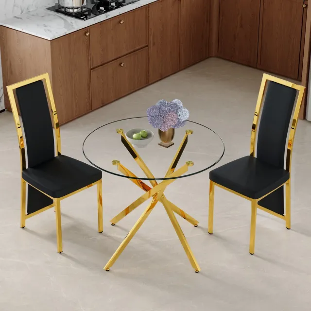 MODENUIT Eettafelset 88 cm - Ovale Glazen Tafel Met 2 Stoelen - Voor Eetkamer En Keuken - Glas Metaal PU - Zwart Goud Zwart, Goud, Transparant
