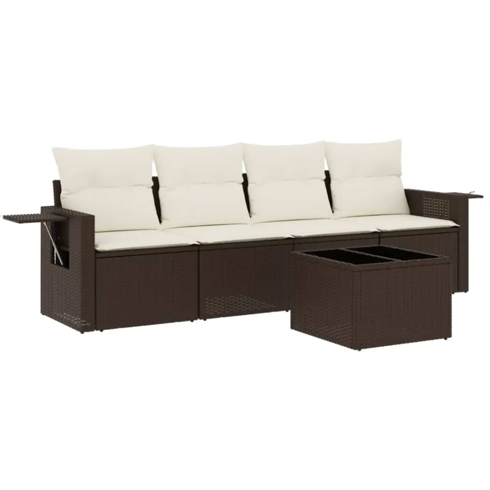 vidaXL 5-delige Loungeset met kussens poly rattan bruin