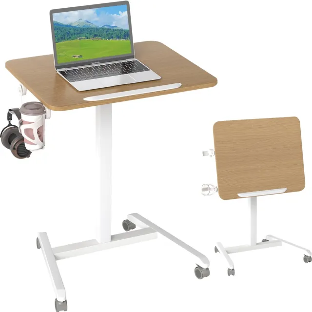 Costway Bijzettafel in hoogte verstelbaar met wieltjes, verzorgingstafel met 90° kantelbaar tafelblad, haak en bekerhouder, bedtafel voor ziekenbed, laptoptafel voor woonkamer, slaapkamer Naturel