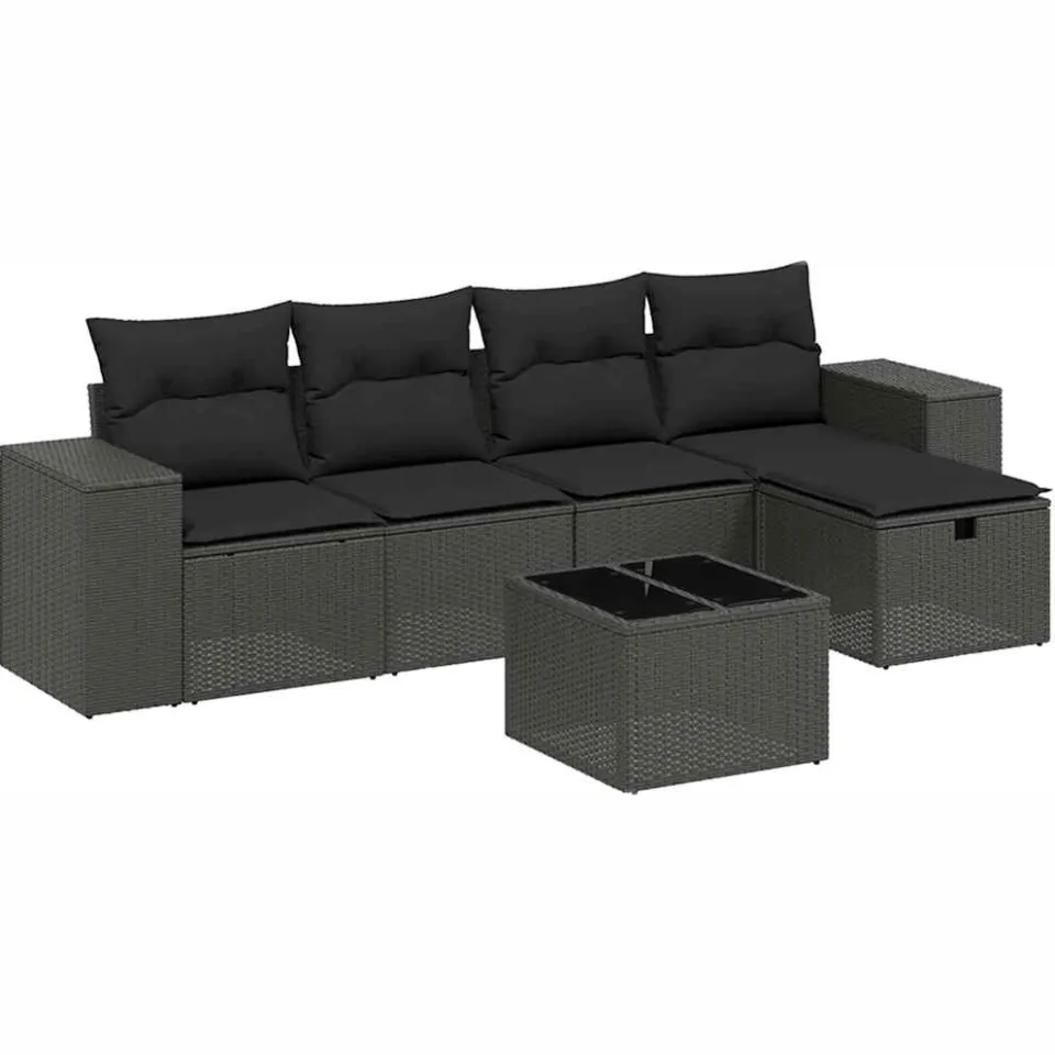 vidaXL 6-delige Loungeset met kussens poly rattan zwart
