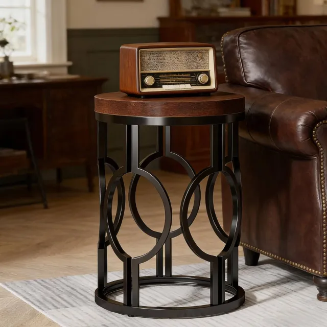 WUVRIE Ronde bijzettafel Ø45 cm - MDF blad en metalen onderstel - Zwart/rustiek bruin