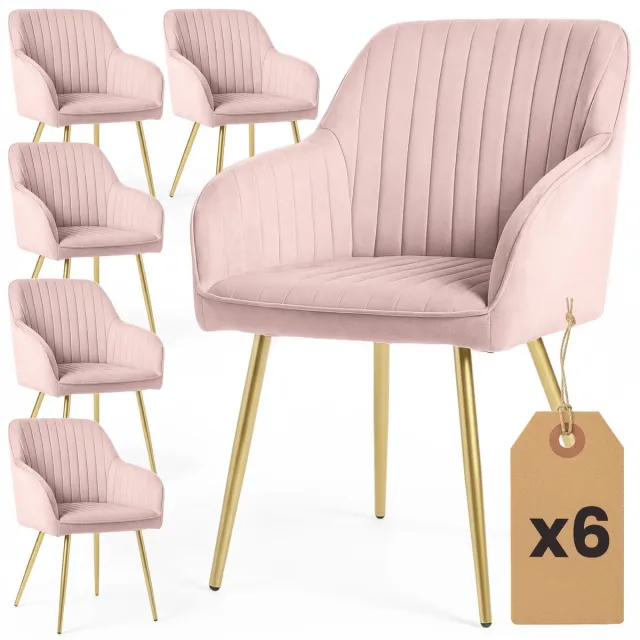 Akord Set van 6 Eetkamerstoelen FLORENCE met Armleuningen / Gestoffeerde Stoelen / Fluwelen Stoelen en Metalen Poten / Poederroze met gouden benen