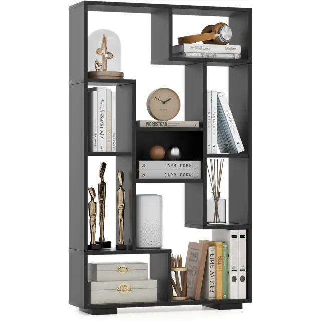 Costway Boekenkast met 9 vakken, staand rek, ruimteverdeler, geometrisch, multifunctioneel rek, hout, vrijstaand opbergrek met kantelbeveiliging, voor kantoor, woonkamer, 120 cm, zwart