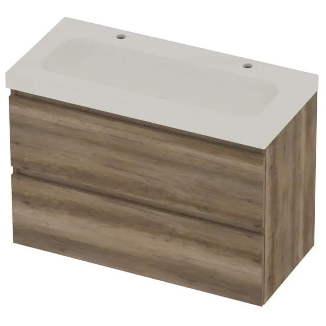 Basic-Line Moby 46 Badmeubelset Polystone 2 Kraangaten Greeploos 100x46x66 cm Scotch Oak Glans Wit