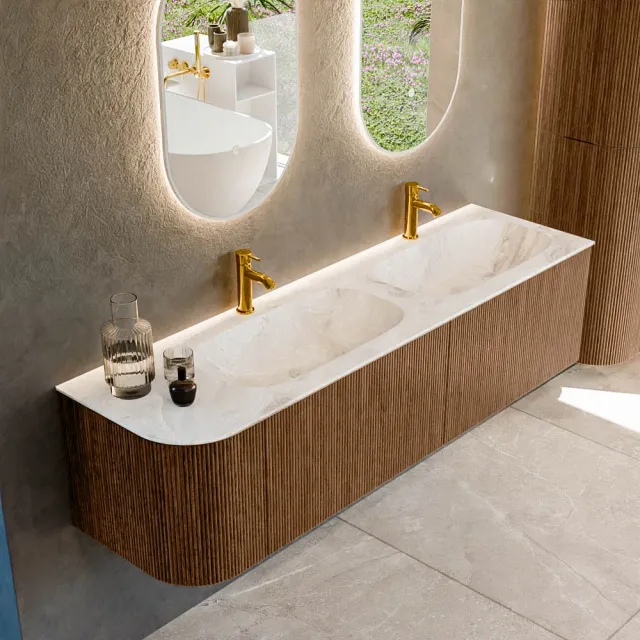 Mondiaz KURVE-DLUX 165 cm Onderkast Greeploos 2 Lades Met Deuren Walnut, Wastafel Solid Surface Rechts Ostra 2 Kraangaten Zonder Spiegel (KRVSTS165L2L1D2KD-Wal/Ost)