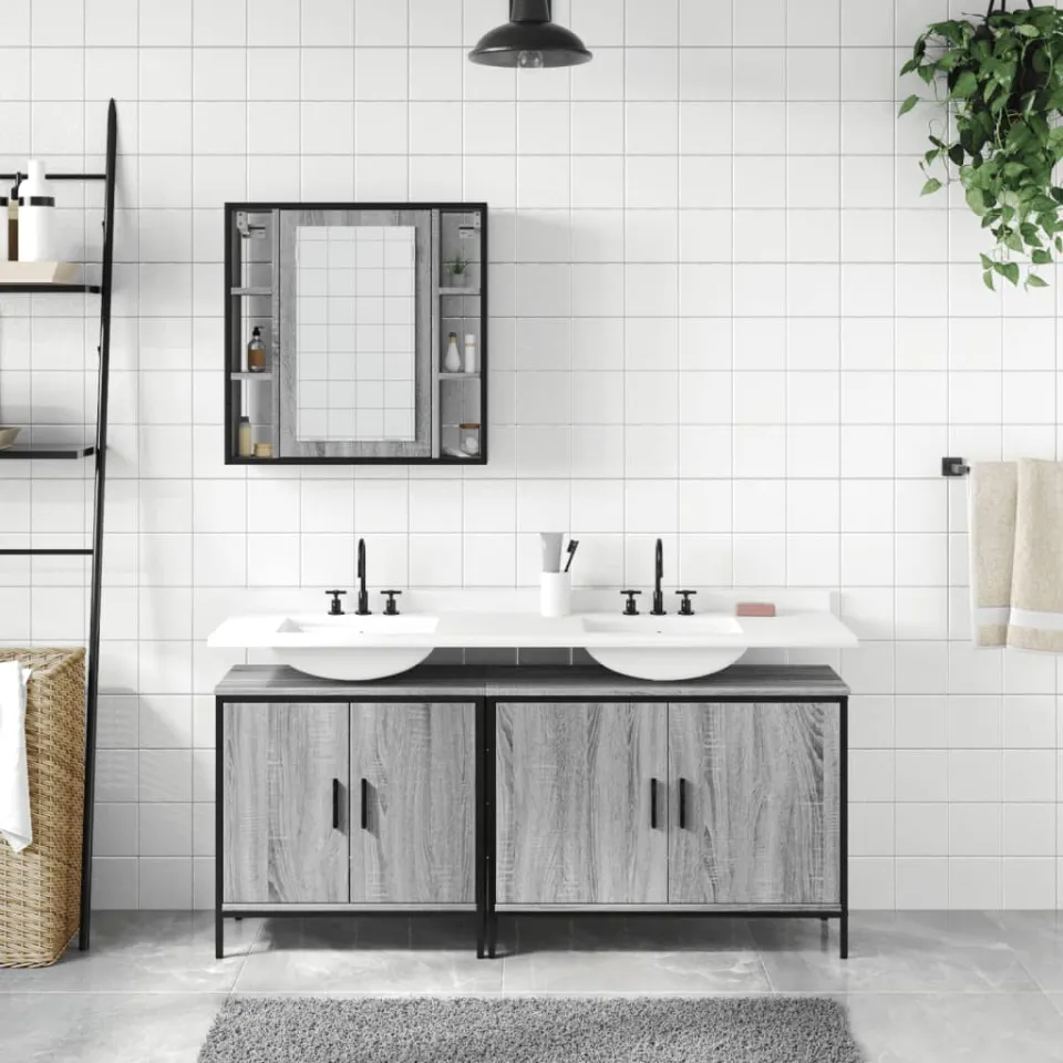 vidaXL 3-delige Badkamermeubelset bewerkt hout grijs sonoma eikenkleur, foto 2