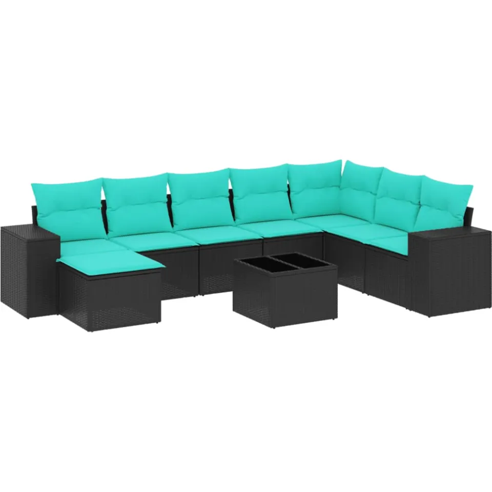 vidaXL 9-delige tuinbankset met kussens van zwart polyrotan, foto 3