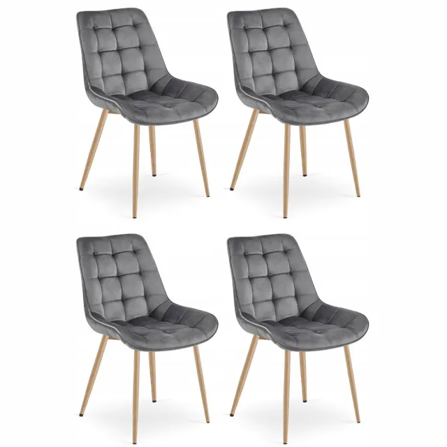 Oskar Set van 4 Eetkamerstoelen BERA – Donkergrijs Velvet / Fluweel – Gestoffeerde Zitting – Metalen Poten in Eikenlook – Modern Scandinavisch Design – Voor Eetkamer, Keuken en Woonkamer