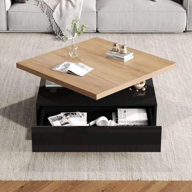 HAUSS SPOLE Salontafel - 360 Graden Draaibaar Blad Met Verborgen Lade - Vierkant Voor Woonkamer En Lounge - Spaanplaat - Walnoot Zwart - 70x70x36 Cm Notenhout