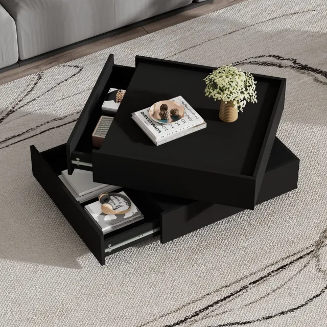 Sweiko Salontafel - 360° Draaibaar tafelblad - 2 lades - Zwart