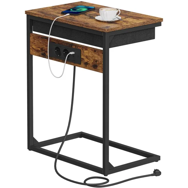 Signature Home Bijzettafel met Stopcontact en USB – Laptoptafel voor Bank – Nachtkastje met Laadstation en Lade – Industrieel Bruin-Zwart -55x35x66 cm bruin - Zwart