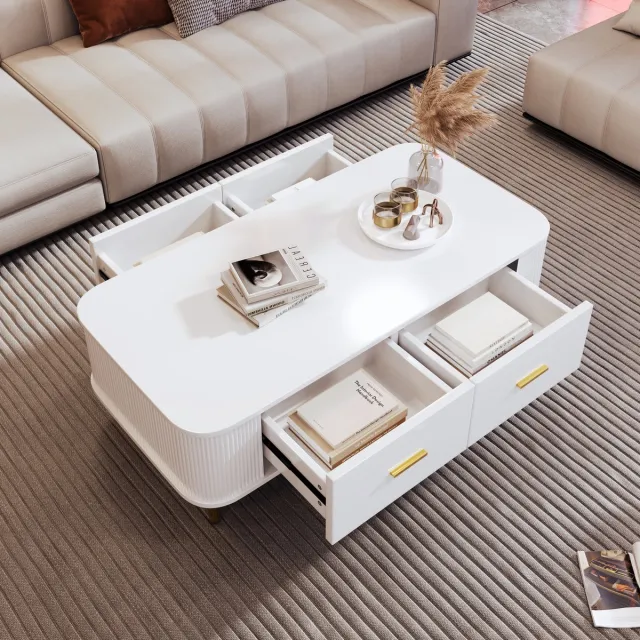REDOM Salontafel 105*51*38cm van MDF, wit met gouden poten en grepen, gewelfde zijkanten en 4 lades