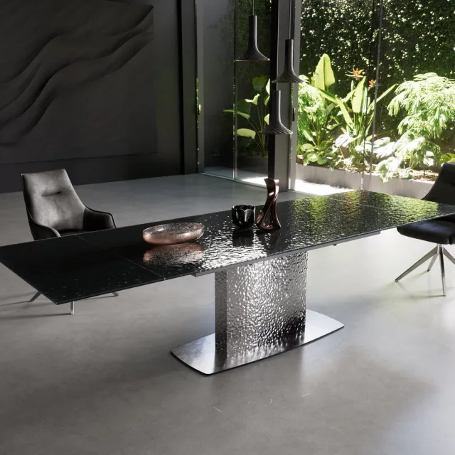 DELIFE Eetkamertafel Edge Glas smelten rokerig zwart 3D-Relief 200-300x100 Wave RVS uitschuifbaar