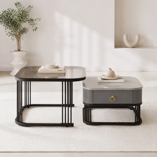 CHICFURN Salontafel - Nestbaar - Met lades - 2-delige set - Zwart en grijs