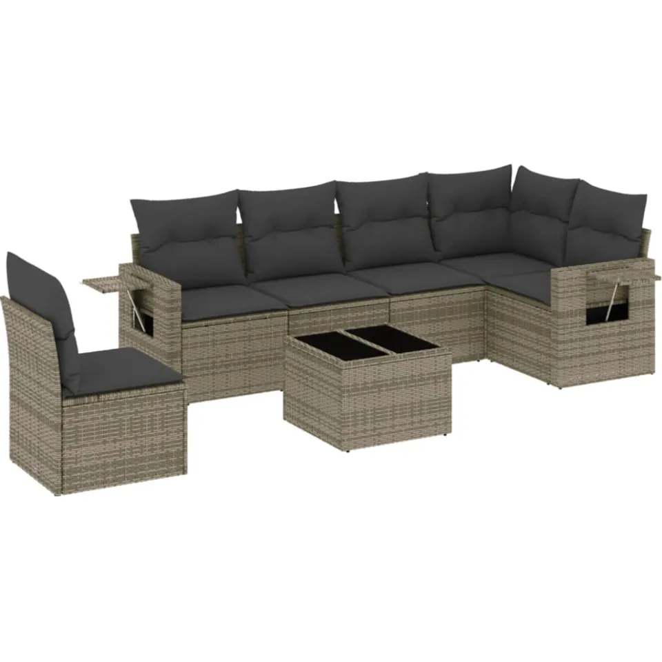 vidaXL 7-delige Loungeset met kussens poly rattan grijs, foto 3