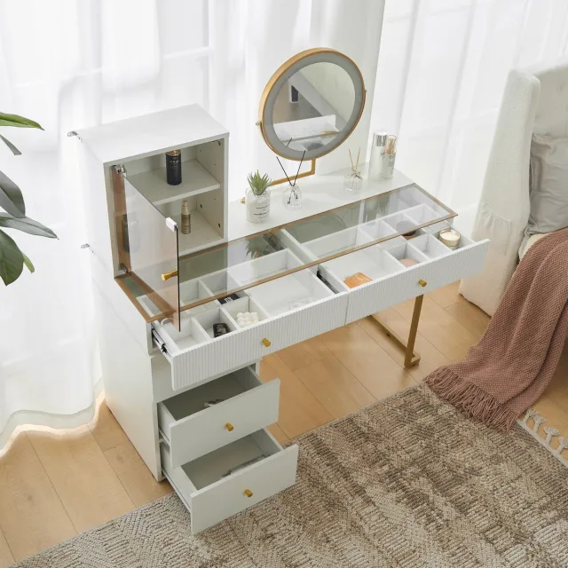 Wishdor Schminktafel - Met LED-spiegel - Spaanplaat en metalen frame - H115/B120/T45 cm wit/goud Goud+Wit