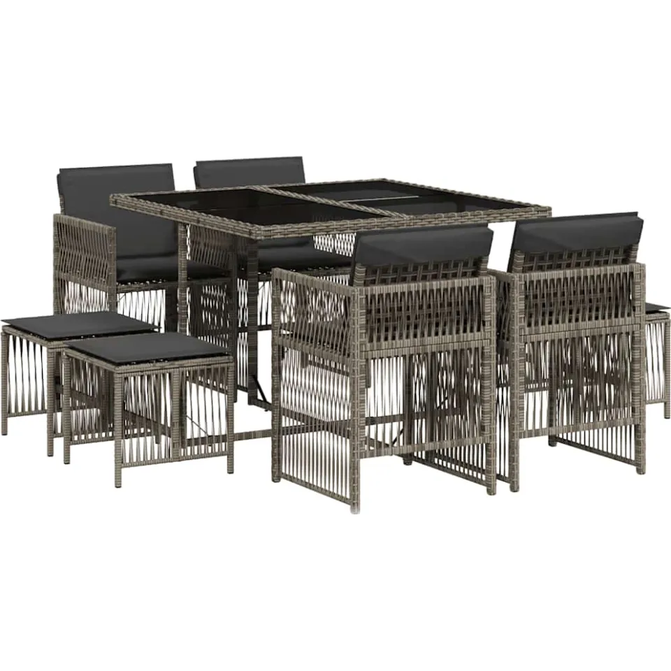 vidaXL 9-delige Tuinset met kussens poly rattan grijs