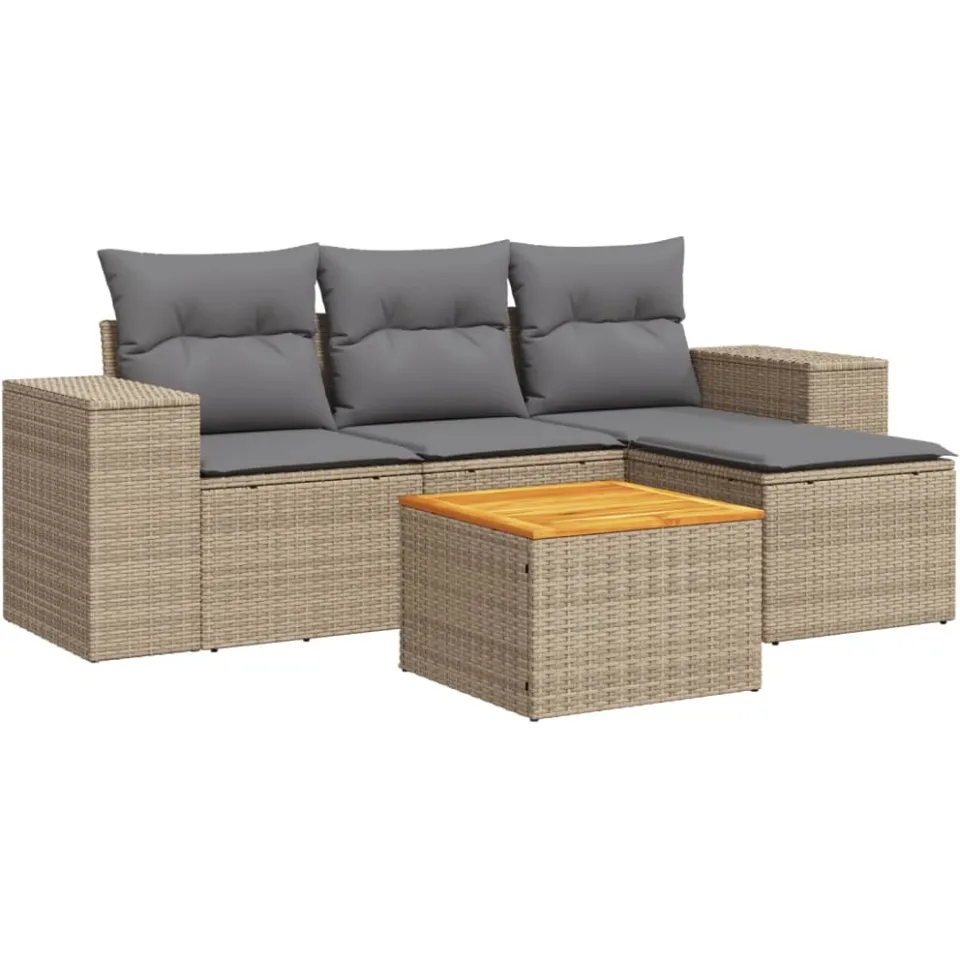 vidaXL 5-delige Loungeset met kussens poly rattan beige, foto 3
