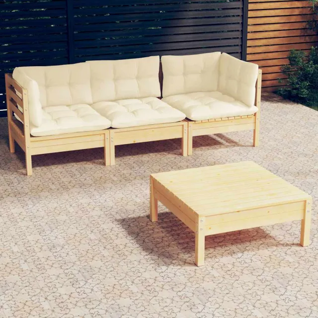 vidaXL 4-delige Loungeset met crèmekleurige kussens grenenhout, foto 2