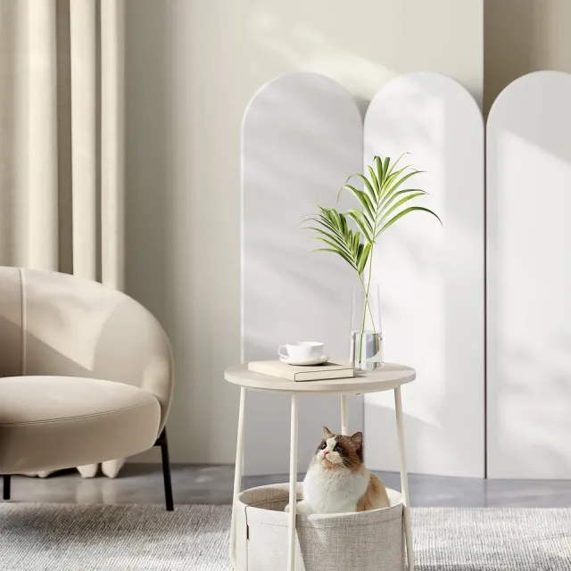 uJOY Bijzettafel - Praktische opbergmand - Compact en ruimtebesparend - Crème wit - Verstelbare voetjes - Moderne uitstraling Creme wit