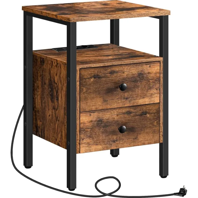 Trankielo Multifunctionele Salontafel met Ingebouwde USB-Poorten en Stopcontacten – Vintage Bijzettafel met Laden en Plank - Geschikt voor Kleine Ruimtes Zwart