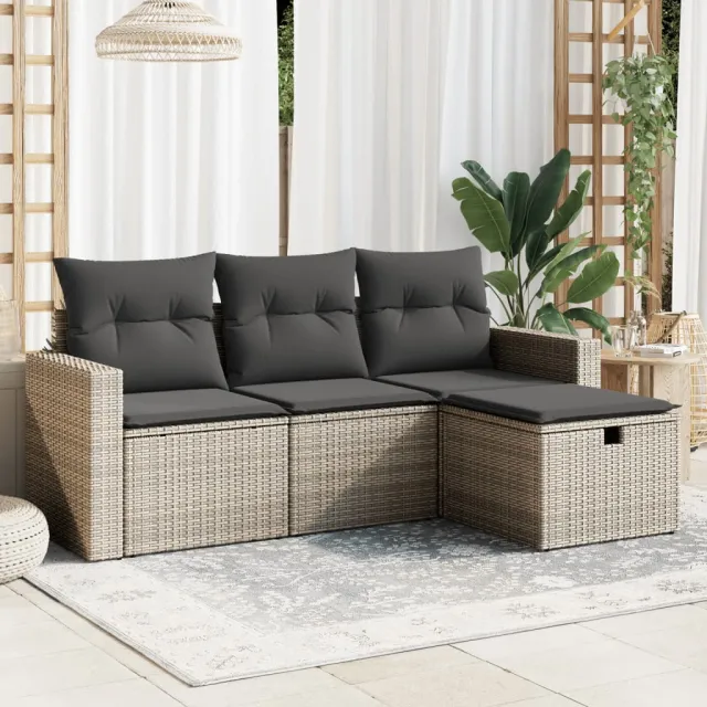 vidaXL 4-delige Loungeset met kussens poly rattan grijs, foto 2