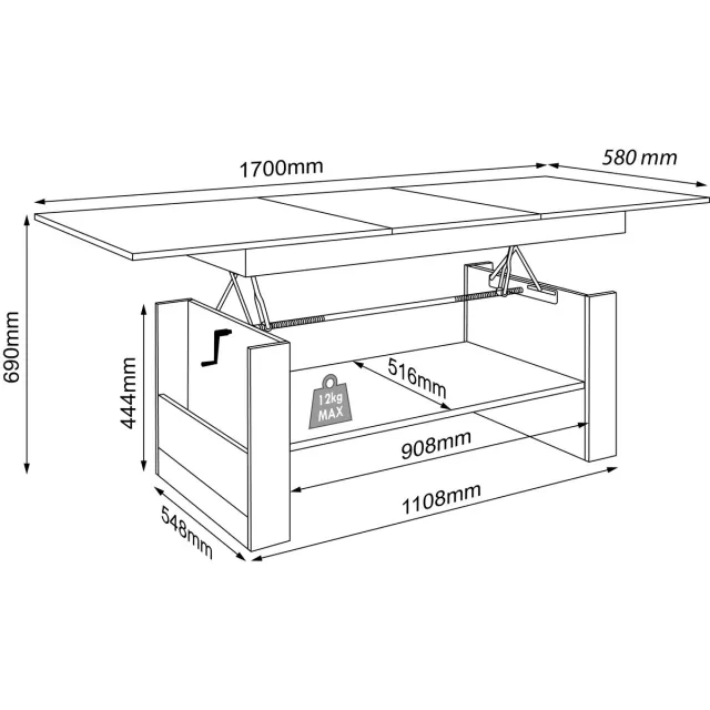 Vcm Kobila salontafel met in hoogte verstelbaar tafelblad, 1 legplank en 2 vakkenBeuken decor.
