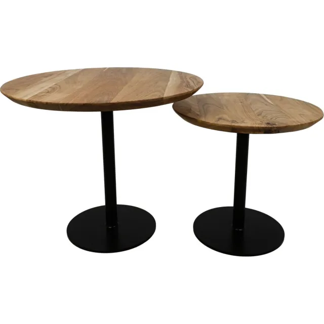 HSM Collection Pilaar bijzettafel Zurich - Naturel/zwart - ø60/ø45 - Acaciahout/ijzer - Set 2