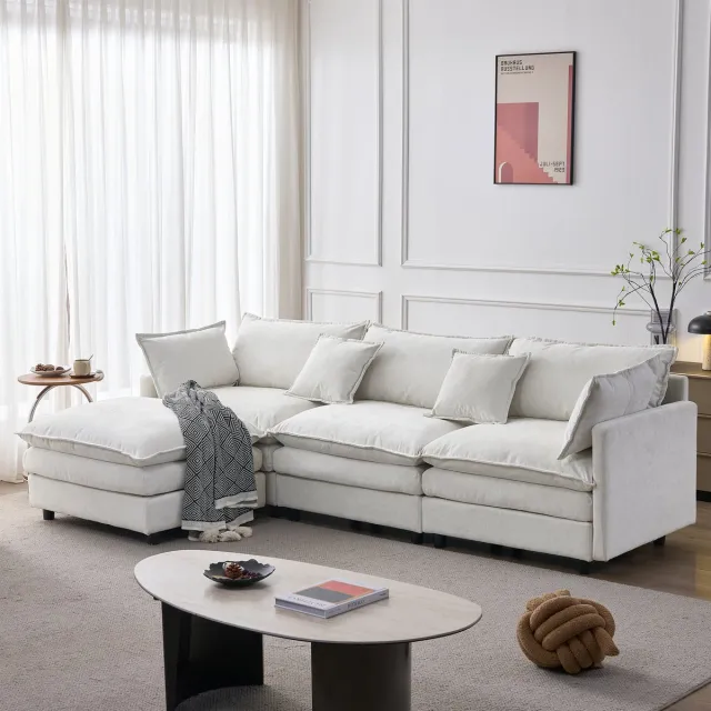 MODENUIT Hoekbank 3-Zits - Modulaire Opstelling Met Chaise Longue En Hocker - Voor Woonkamer En Lounge - Chenille Beige