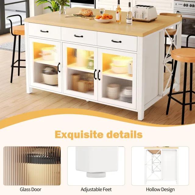 MIVRAY Keukeneiland - 3 Laden en 3 Glazen Deuren - Ledverlichting en Verstelbare Poten Voor Keuken en Eethoek - MDF en Metaal - 150x80x90 cm - Wit