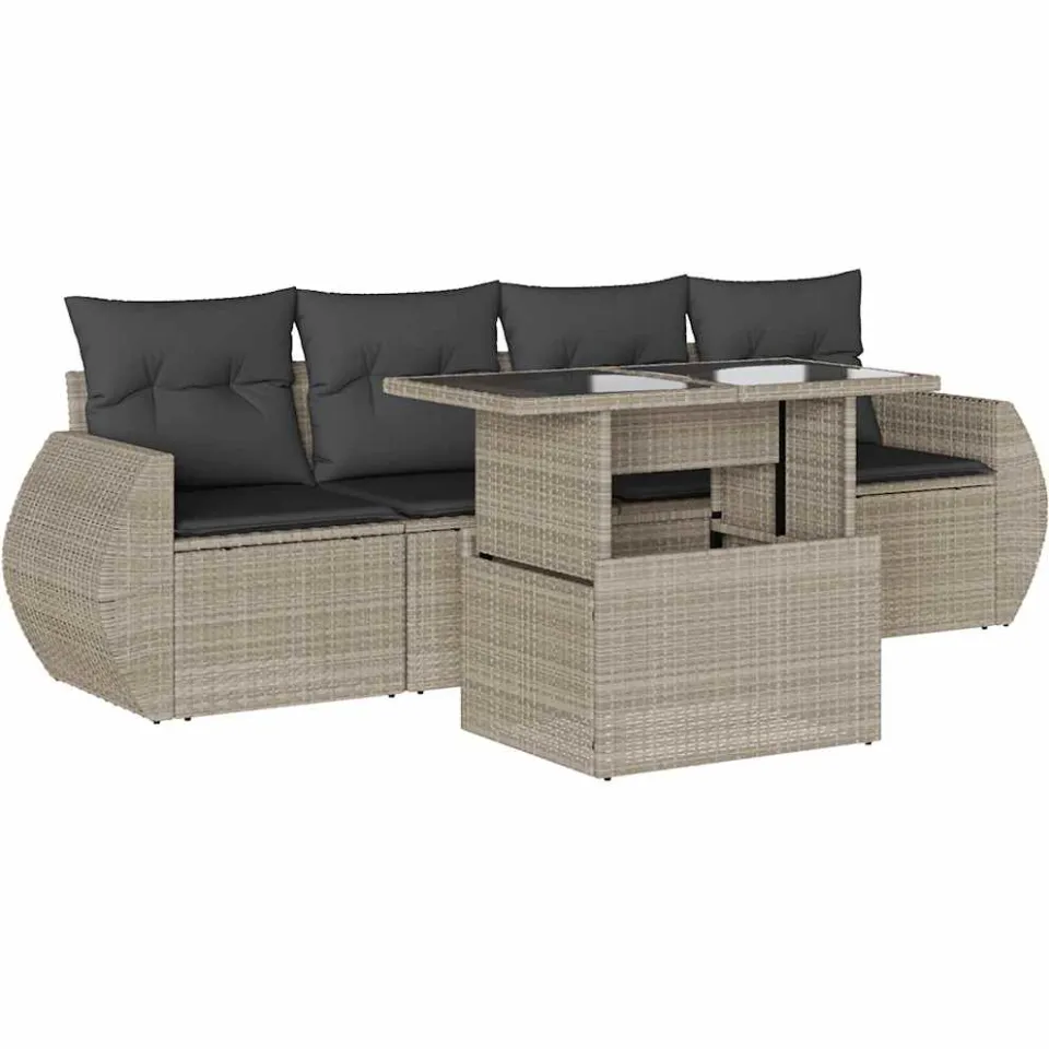 vidaXL 5-delige Loungeset met kussens poly rattan lichtgrijs grijs, foto 3