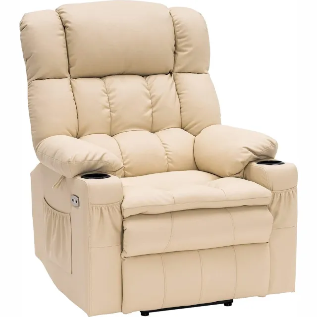 MCombo Monkey's Luxe Elektrische Relax stoel - Ligpositie 165 Graden - Voetensteun - Chill stoel - USB Aansluiting - Crème Wit - Leer - Retro - Tv stoel - Sta Op Functie - 3 Motoren -‎ 100 x 86 x 112 cm Creme