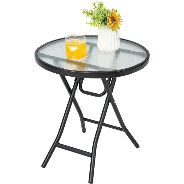 Costway Bijzettafel inklapbaar, 46 x 46 x 47 cm, kleine klaptafel, tuintafel, ronde balkontafel met tafelblad van gehard glas, Zwart