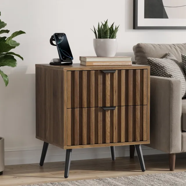 DESMIU Nachtkastje - Modern Design Met 2 Laden - Compact Voor Slaapkamer Woonkamer En Hal - MDF En Metaal - 45x40x53 Cm - Walnoot Okkernoot